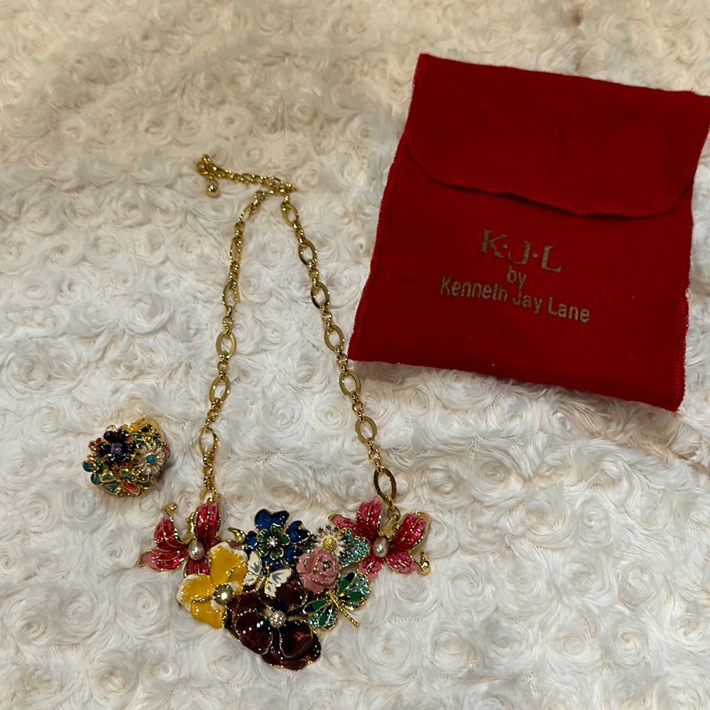Vintage Kenneth Jay Lane KJL Cloisonné Floral Flower Necklace Ring Made in USA